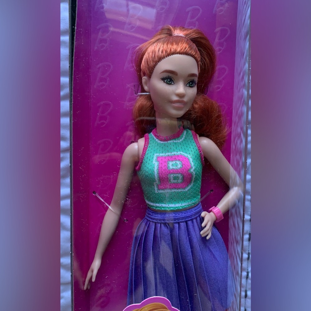NIB Barbie Fashionistas Doll #232 with Red Hair, Wearing Sporty “B” Purple Skirt